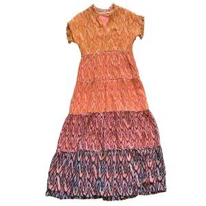 Marie Oliver Farrah Maxi Dress Womens XS Orange Pink V-Neck Tiered Diamond Print